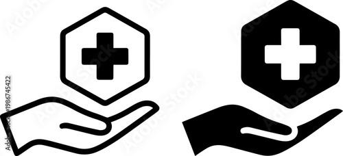Contrast of medical aid icons with differing hand and symbol styles for accessibility themes