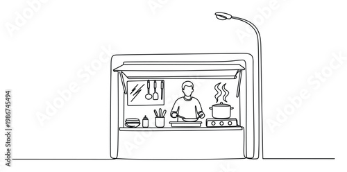 Continuous line drawing of a street food vendor cooking delicious dishes at a market stall with a street lamp, perfect for business concepts, food blogs, or culinary event promotions.
