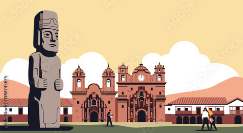 Large moai statue stands in front of a historic colonial church and plaza in the mountains of Peru for travel and tourism.