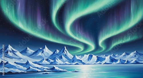 Aurora borealis over icy mountain landscape.