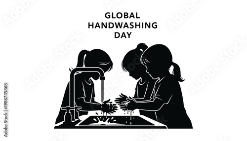 Global handwashing day illustration with silhouettes of children washing hands