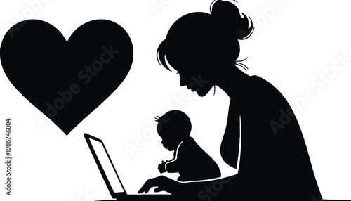 Mother silhouette working on laptop with baby and heart icon