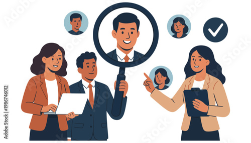 Business team analyzing a candidate profile with a magnifying glass