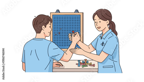 A physical therapist helping a patient with occupational therapy exercises