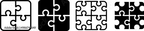 Four variations of interlocking puzzle piece designs in black and white grids