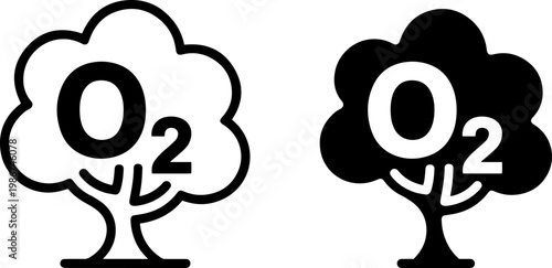 Contrast of oxygen release by trees depicted in contrasting styles of illustration