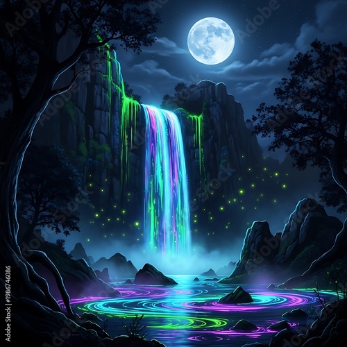Glowing waterfall under full moonlight night.