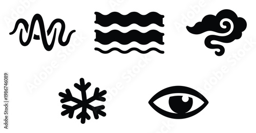 A collection of natural phenomenon symbols including sound waves, water waves, a cloud, a snowflake, and an eye, useful for educational materials or modern interface icons for various