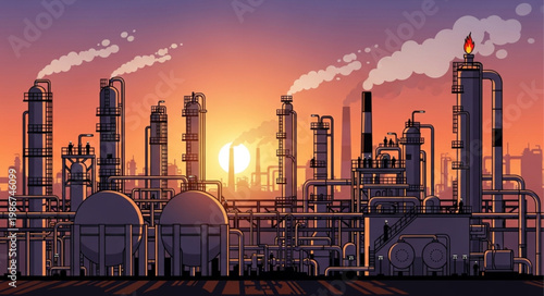 Industrial Plant Silhouette at Sunset - A Vector Illustration of Energy Production.
