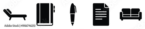 Black silhouette icons showcasing common items like a chaise lounge, smartphone, pen, document, and sofa, useful for representing relaxation and work in modern graphic design projects.