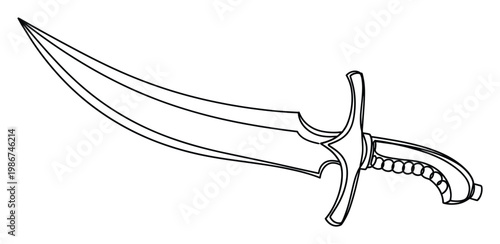 Detailed black outline drawing of a traditional curved blade dagger with an elaborate hilt, ideal for historical, adventure, or fantasy themed projects and graphic assets