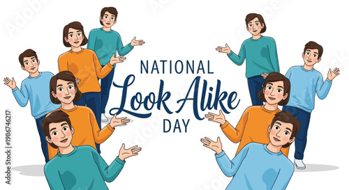 On National Look Alike Day, a vector illustration features identical people arranged in groups, their matching faces conveying a funny look alike concept with a clean white background
