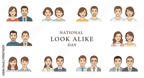 An illustration celebrates National Look Alike Day, showcasing pairs of people with similar appearances in a vector graphic with a clean, minimalist style, highlighting the funny human