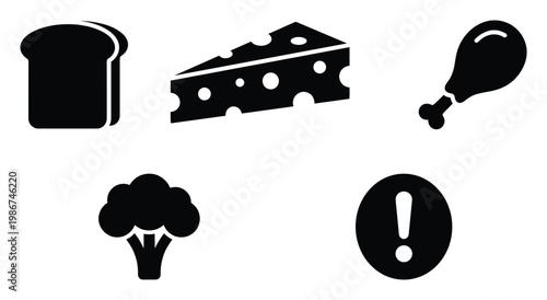 Assorted food icons presenting bread, cheese, chicken, and broccoli together with an essential warning symbol, ideal for dietary planning, nutritional guidance, and ingredient alerts.