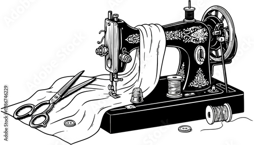 A sewing machine icon with scissors and thread for crafting projects