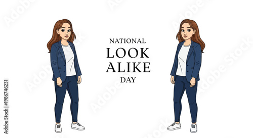 On National Look Alike Day, a vector illustration showcases two people with similar appearance standing side-by-side against a clean white background, creating an identity similarity