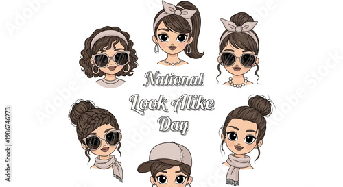 A group of six stylish cartoon women and one man, all with similar facial features, celebrate National Look Alike Day in a vector illustration with a clean composition and cheerful mood