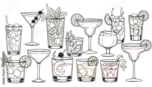 Cocktail vector illustration of various colorful drinks with garnishes and ice
