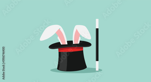 Magic black top hat with rabbit ears sticking out and a magician's wand on a simple light green background.