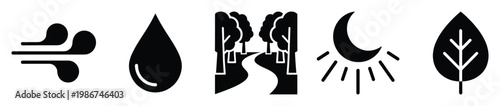 Nature and weather glyph icons depicting wind water forest moon and leaf for environmental themes ecological concepts and outdoor activity applications