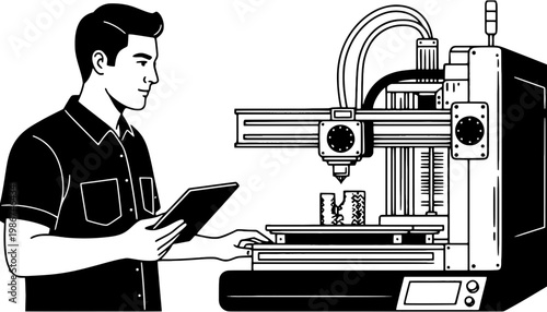 CNC machine operator controlling a milling machine with a tablet