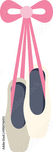 Ballet pointe shoes hanging from a pink ribbon bow, suggesting dance and elegance