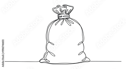 Minimalist one line depiction of a tied sack or bag, symbolizing money, goods, or storage, useful for finance and delivery concepts and commercial projects