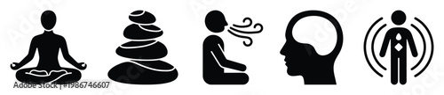 Essential black glyph icons for holistic health and mindful living, illustrating meditation, stone balance, conscious breathing, brain activity, and inner energy, ideal for wellness content