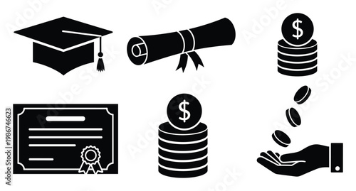 Educational achievement and financial success icons representing graduation, diploma, certificate, and money savings for academic future or career investment opportunities