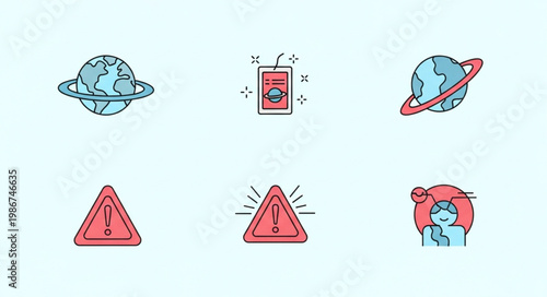 Illustrations of Planets, Warning Signs, and a Person Wearing a Mask.