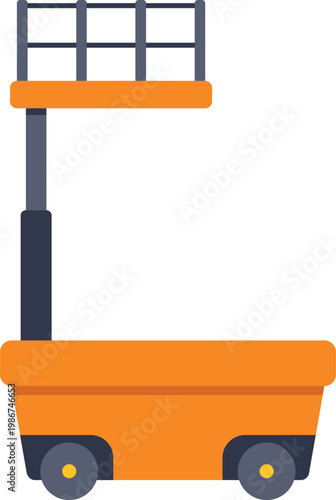 Orange aerial work platform with raised boom on white background