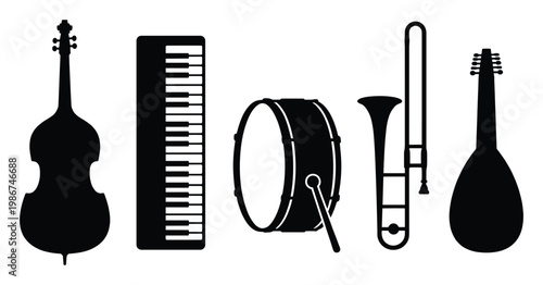 Classic musical instruments including cello, keyboard, drum, trombone, and mandolin silhouettes perfect for educational materials, music school advertisements, and creative design projects.