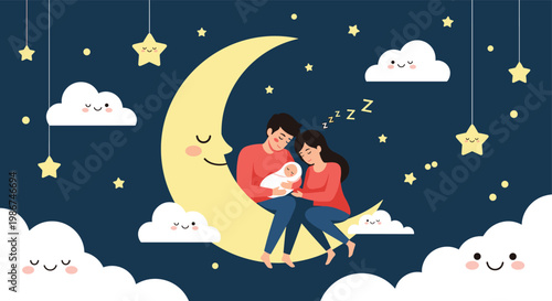 Happy young parents sitting on large crescent moon holding their sleeping newborn baby in a peaceful starry night sky.