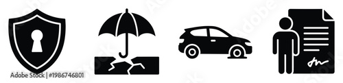 Essential icons representing comprehensive insurance and protection services, including a security shield, umbrella over risk, damaged automobile, and a policy document for financial and