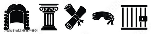 Law and justice symbols set including judge wig, ancient column, diploma scrolls, blindfold, and prison bars for legal education and court related themes.