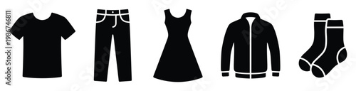 Minimalist black clothing items glyph set featuring a shirt pants dress jacket and socks perfect for apparel ecommerce platforms and laundry service icons