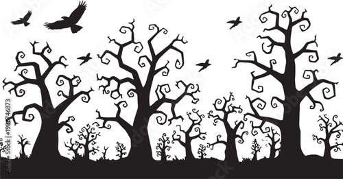 A haunting panoramic silhouette of gnarled, leafless trees with birds circling above, a clean, black-on-white aesthetic.