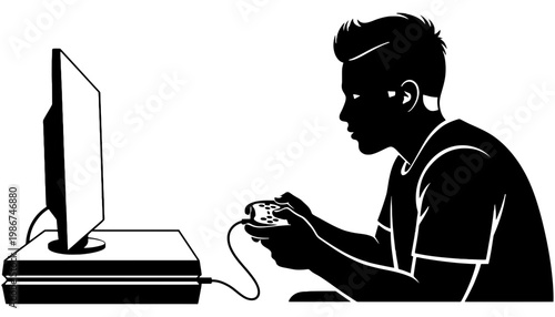 A gamer silhouette playing video games on a console with a controller