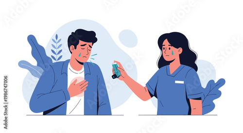 Medical nurse providing assistance to a sick man suffering from an asthma attack using a blue plastic inhaler device.
