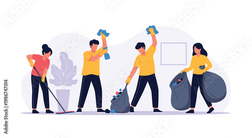 Team of diverse volunteers working together to clean up environment by sweeping and collecting trash in large gray bags.