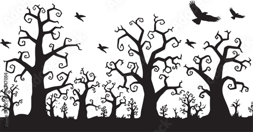 A haunting panoramic silhouette of gnarled, leafless trees with birds circling above, a clean, black-on-white aesthetic.