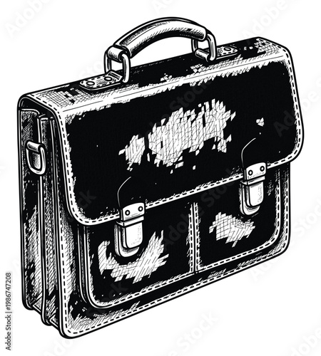 Detailed black and white engraved briefcase illustration, showcasing a classic leather satchel ideal for professional business, academic, and oldfashioned document management concepts.