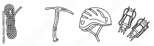 Essential mountaineering equipment depicted in simple line drawings including a coiled climbing rope an ice axe a protective helmet and crampons for adventure sports