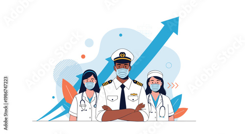 Diverse group of essential workers including a pilot and healthcare professionals standing before a rising blue arrow.