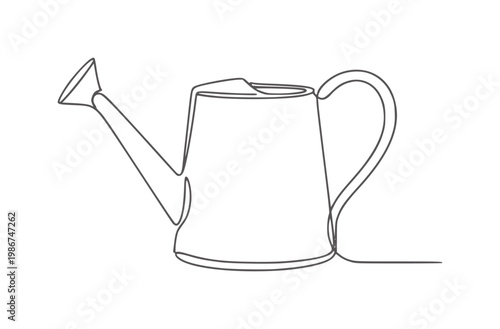 Single line of a watering can with a long spout and curved handle outline