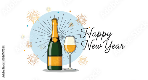 Celebratory champagne bottle and a filled glass with golden fireworks for a Happy New Year celebration background.