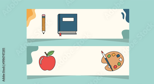 Horizontal educational banners featuring various school supplies including a book pencil apple and artist paint palette.