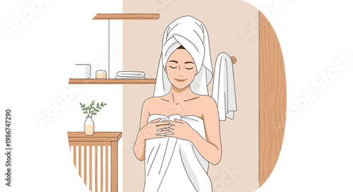 Young woman wrapped in white bath towels standing in a cozy bathroom after finishing her morning shower routine.