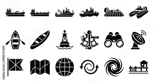Collection of marine navigation icons featuring ships, boats, essential tools, and sea elements, perfect for maritime industry projects, educational content, and travel applications.