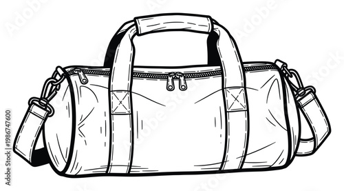 Black outline illustration of a duffel bag with handles and a shoulder strap perfect for conveying travel, gym, or sports themes in various graphic design projects